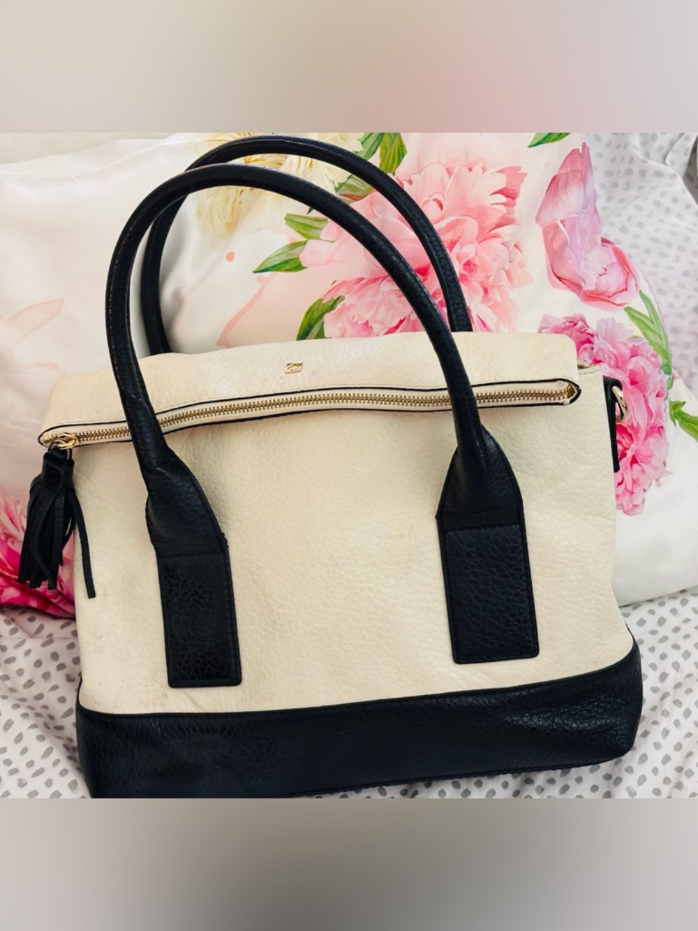 Kate Spade Cream and Black Leather Two-Tone Satchel with Tassel Zip